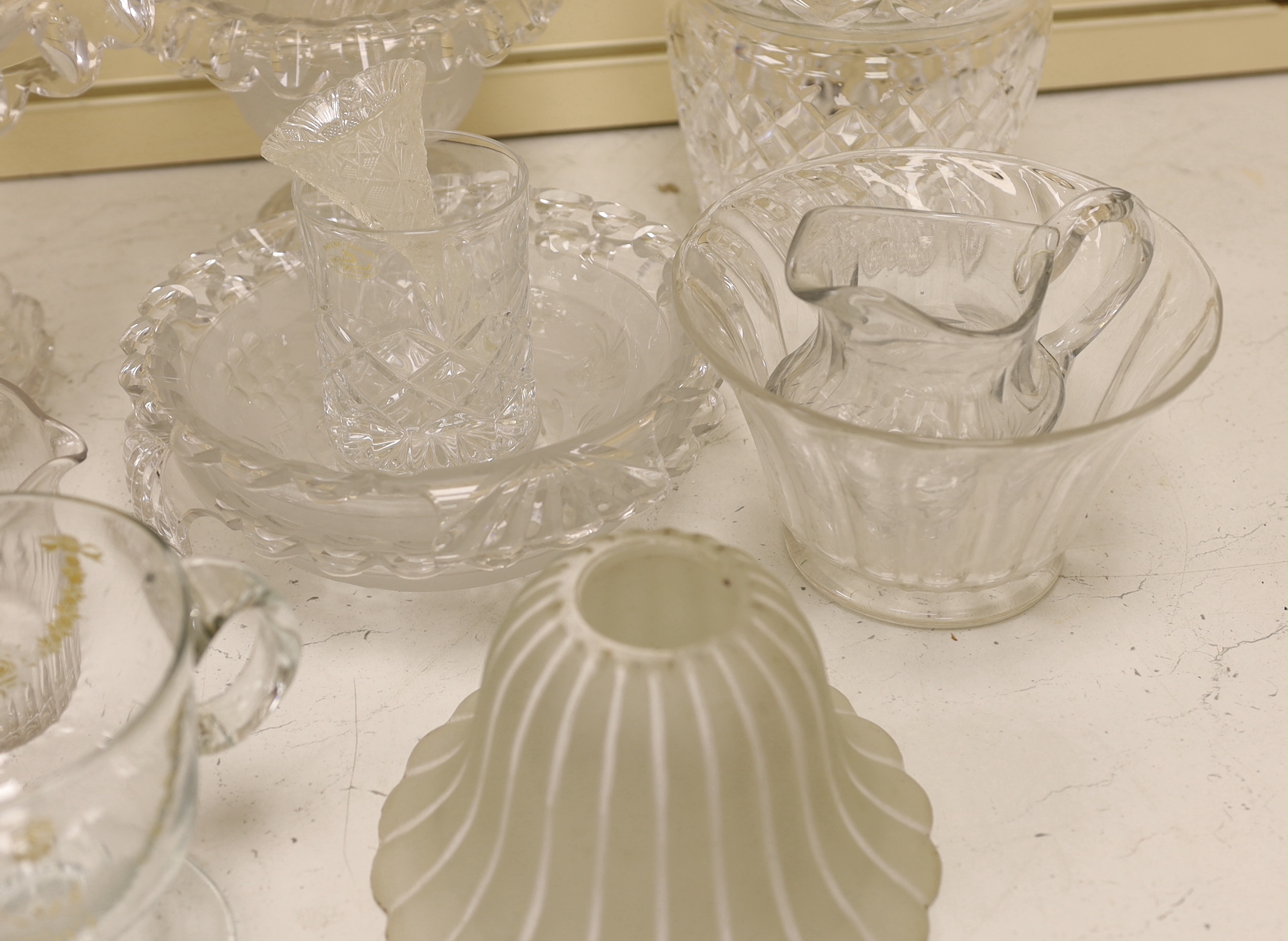 Glassware including cut glass service, 2 comports and a dish, finger bowls, an epergne etc, largest 35cm in diameter